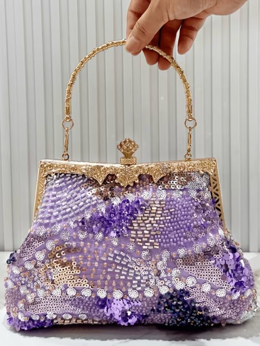 New Elegant Purple and Gold Rhinestone Sequin Bead Embroidered Handbag